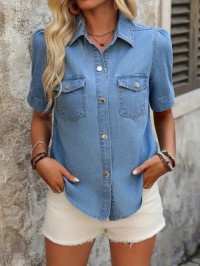 OEM/ODM Women Button Up Denim Shirt Short Sleeve With Flap Pockets