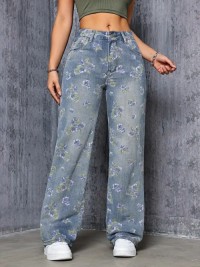 OEM/ODM Floral Print High Rise Denim Jeans