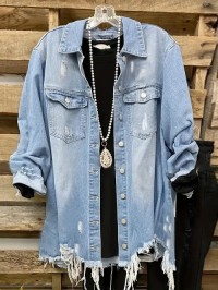 OEM/ODM Plus Size Women Denim Shirt Raw Hem Ripped