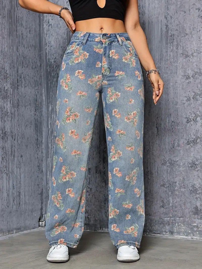 OEM/ODM Floral Print High Rise Denim Jeans