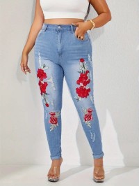 OEM/ODM Plus Size Floral Embroidery Ripped Skinny Jeans