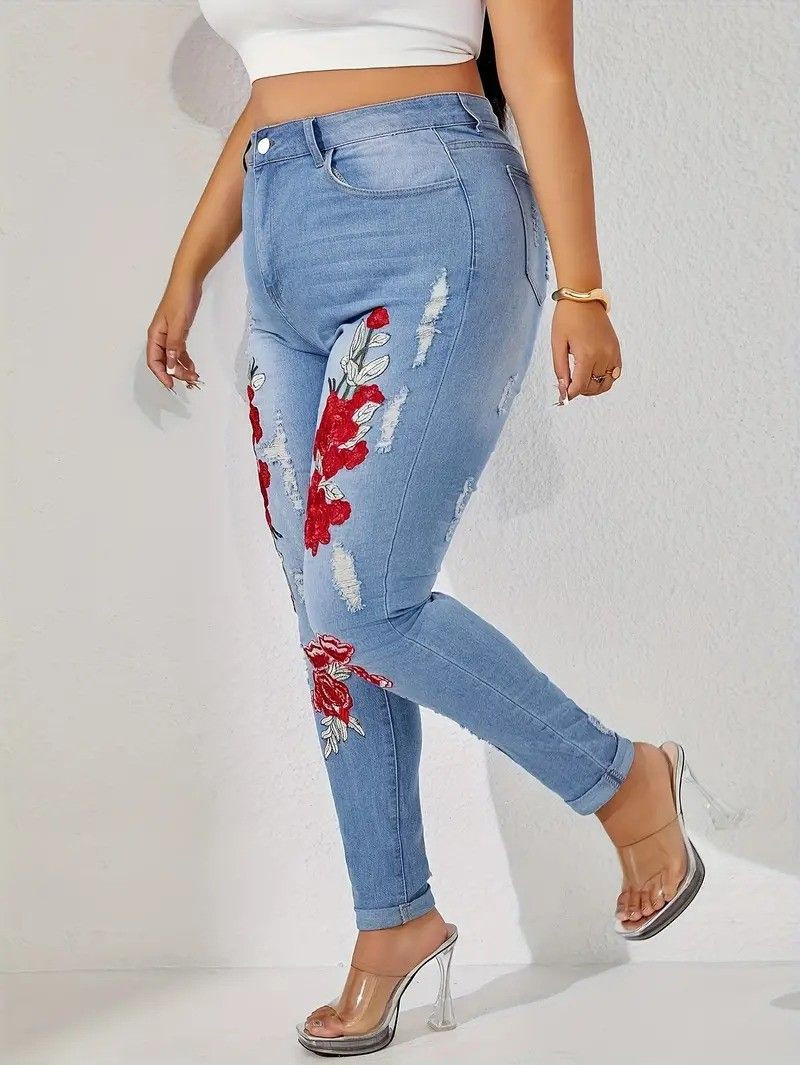 OEM/ODM Plus Size Floral Embroidery Ripped Skinny Jeans