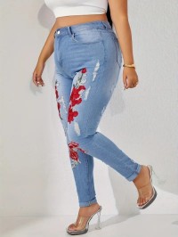 OEM/ODM Plus Size Floral Embroidery Ripped Skinny Jeans