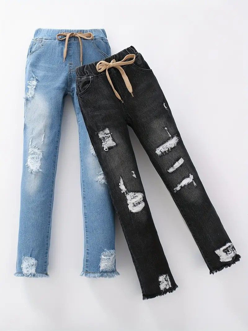 OEM/ODM Raw Hem Ripped Denim Jeans With Drawstring For Girls