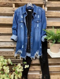 OEM/ODM Plus Size Women Denim Shirt Raw Hem Ripped