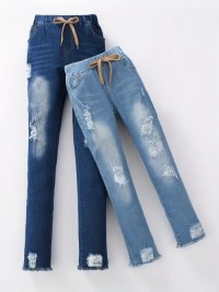 OEM/ODM Raw Hem Ripped Denim Jeans With Drawstring For Girls