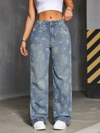 OEM/ODM Floral Print High Rise Denim Jeans